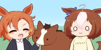 2girls :3 :d ^_^ ahoge animal_ears black_jacket blush brown_hair chibi chibi_only closed_eyes closed_mouth collared_shirt commentary_request day gomashio_(goma_feet) horse horse_ears horse_girl horse_tail jacket long_sleeves meisho_doto_(racehorse) meisho_doto_(umamusume) multicolored_hair multiple_girls o_o open_clothes open_jacket open_mouth orange_hair outdoors shirt short_hair smile t.m._opera_o_(umamusume) tail two-tone_hair umamusume upper_body white_hair white_shirt yellow_shirt