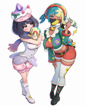 2girls absurdres bell black_boots black_hair blonde_hair blue_eyes blue_hair blunt_bangs blush bob_cut boots breasts buttons canari_(pokemon) canari_plush_(pokemon) character_doll christmas commentary_request doll food fruit full_body gonzarez gradient_scarf green_santa_costume gwynn_(pokemon) hat heart highres holly hugging_doll hugging_object large_breasts looking_at_viewer medium_breasts midriff multicolored_hair multiple_girls nintendo pink_shorts pokemon pokemon_legends:_z-a purple_eyes purple_hair purple_scarf red_shorts santa_costume santa_hat scarf shirt short_hair short_twintails shorts sleeveless sleeveless_shirt standing strawberry stuffed_toy thighhighs twintails white_boots white_shirt white_thighhighs yellow_nails
