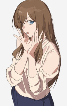 Rule 34 | 1girl, alternate costume, blue eyes, blue skirt, brown hair, casual, clothing cutout, from side, grey background, hands up, hibike! euphonium, highres, kuroe mayu, looking at viewer, matarasu (aaaaaaaaj), open mouth, palms together, shoulder cutout, simple background, skirt, solo, sweater