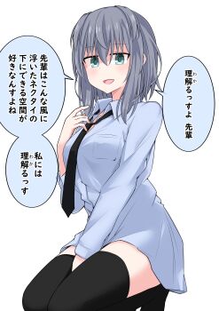 1girl absurdres aqua_eyes breasts highres jitome kneeling kuromiya_sakana large_breasts looking_at_viewer necktie no_pants original solo thighhighs translated white_background