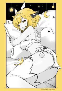 1girl :d animal_ears blonde_hair breasts crescent frilled_shorts frills greyscale highres horns hugging_object indie_virtual_youtuber lying medium_breasts medium_hair monochrome on_side open_mouth pillow pillow_hug sanagi_yuzu_(lunar_princess) shorts smile solo spot_color star_(symbol) thighhighs virtual_youtuber yellow_eyes yenkoes