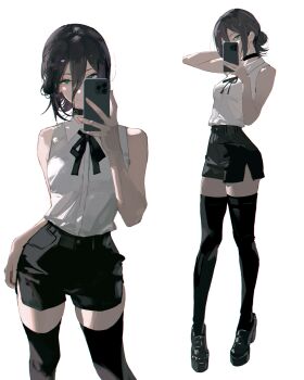 1girl absurdres black_hair black_ribbon black_shorts black_thighhighs cellphone chainsaw_man collared_shirt doremy green_eyes hair_between_eyes hair_bun highres holding holding_phone multiple_views neck_ribbon phone reze_(chainsaw_man) ribbon selfie shirt shirt_tucked_in shorts simple_background sleeveless sleeveless_shirt smartphone thighhighs white_background white_shirt