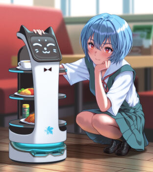 1girl :3 absurdres animal_ears ayanami_rei bellabot bench black_shoes black_socks blue_hair blue_skirt blurry blurry_background blush booth_seating bow bowtie breasts canister cat_ears closed_mouth collared_shirt commentary cup depth_of_field drawn_whiskers dress_shirt elbow_on_knee eyelashes film_grain food full_body hair_between_eyes head_rest highres indoors light_smile loafers loose_hair_strand medium_breasts neck_ribbon neon_genesis_evangelion nerv omelet omurice parmesan_cheese pasta plate pleated_skirt pudu_robotics red_bow red_bowtie red_eyes red_ribbon restaurant ribbon robot robot_cat school_uniform shadow shirt shoes short_hair skirt smile socks solo spaghetti squatting suspender_skirt suspenders table tea teacup tokyo-3_middle_school_uniform white_shirt window wooden_floor yahha