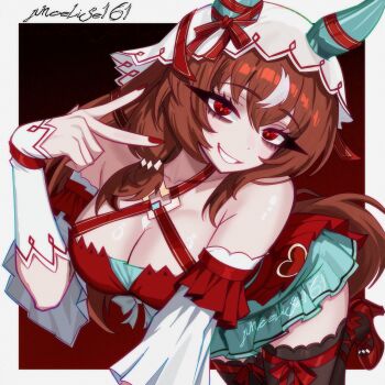 1girl absurdres alternate_breast_size_(larger) animal_ears bare_shoulders black_thighhighs bow breasts brown_hair cleavage collarbone detached_sleeves dress ear_covers ear_ribbon grin hair_between_eyes hair_ornament high_heels highres horse_ears horse_girl horse_tail junoelise161 large_breasts long_hair looking_at_viewer open_mouth red_dress red_eyes red_nails ribbon smile solo still_in_love_(scarlet_vow_raiment)_(umamusume) still_in_love_(umamusume) tail teeth thighhighs umamusume v veil white_streaks white_veil