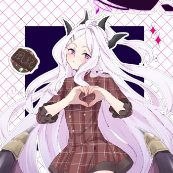 1girl ahoge black_halo blue_archive blush breasts chocolate demon_girl demon_horns demon_wings halo heart heart_hands highres hina_(blue_archive) horns long_hair looking_at_viewer low_wings mogu_saurusu purple_eyes small_breasts solo sparkle valentine very_long_hair white_hair wings