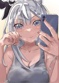 1girl absurdres blue_eyes braid cellphone collarbone commentary cone_hair_bun desagi english_commentary fingernails grey_hair hair_bun hair_ornament highres holding holding_phone hololive hololive_indonesia long_hair looking_at_viewer phone shirt signature simple_background smartphone solo sweat tank_top upper_body vestia_zeta virtual_youtuber
