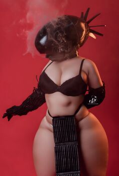 1girl bomb_devil_(chainsaw_man) bra breasts chainsaw_man cosplay cosplay_photo highres large_breasts photo_(medium) red_background reze_(chainsaw_man) smoke solo thick_thighs thighs underwear uyuy2907