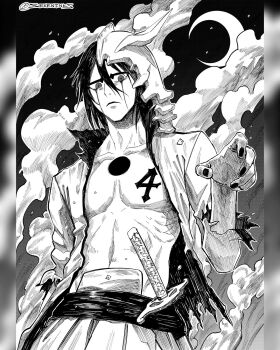 1boy bleach commentary crescent_moon facial_tattoo frown greyscale hatching_(texture) helmet highres hole_in_chest hole_on_body instagram_username jacket linea_alba male_focus medium_hair monochrome moon nail_polish no_shirt number_tattoo open_clothes open_jacket pillarboxed seveninks smoke solo sword tattoo ulquiorra_cifer upper_body weapon