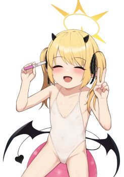 1girl :d ball bare_arms bare_shoulders black_horns black_tail black_wings blonde_hair blue_archive blush closed_eyes commentary_request demon_girl demon_horns demon_tail demon_wings exercise_ball facing_viewer flat_chest halo highres holding holding_pregnancy_test horns ibuki_(blue_archive) implied_pregnancy loli long_hair looking_at_viewer low_wings one-piece_swimsuit open_mouth pregnancy_test simple_background sitting_on_ball smile solo swimsuit tail taji_(crowview) twintails v white_background white_swimsuit wings yellow_halo