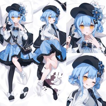 1girl :p barefoot blue_hair coffee_mug cup feet hat highres kazekami_chino looking_at_viewer mahou_shoujo_no_majo_saiban mug one_eye_closed skirt soles solo spill stained_sheets tachibana_sherry toes tongue tongue_out yellow_eyes