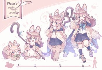 1girl ? animal_ear_fluff animal_ears arrow_(symbol) blue_eyes blush body_fur brown_hair character_name commentary_request dot_nose full_body furry gurumin_(gurruguru) hair_between_eyes holding holding_staff long_hair long_sleeves looking_at_viewer notice_lines one_eye_closed open_mouth original pleated_skirt rabbit skirt staff standing tareme whiskers white_background white_fur