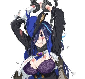 1girl arms_up assisted_exposure bdsm blood blue_hair blue_hat bondage bound bra bruise bruise_on_face clorinde_(genshin_impact) commentary genshin_impact hat highres imminent_rape injury lace lace-trimmed_bra lace_trim looking_at_viewer mitsugu multicolored_hair out_of_frame pov purple_bra purple_eyes purple_hair restrained ryona shirt simple_background solo_focus streaked_hair tricorne two-tone_hair underwear white_background white_shirt