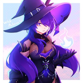1girl acheron_(honkai:_star_rail) bodystocking breasts chajiizumaa cleavage commentary dress english_commentary fire gloves hair_over_one_eye hat highres honkai:_star_rail honkai_(series) honkai_impact_3rd in-franchise_crossover large_breasts long_hair official_alternate_costume purple_eyes purple_hair raiden_mei raiden_mei_(halloween_2024) sawashiro_miyuki simple_background solo very_long_hair white_streaks witch_hat