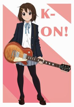 ! 1girl black_pantyhose blue_ribbon brown_eyes brown_hair cacwagi closed_eyes closed_mouth commentary copyright_name dot_nose electric_guitar english_commentary female_focus full_body gibson_les_paul guitar hair_between_eyes hair_ornament hairclip hirasawa_yui holding holding_guitar holding_instrument instrument jacket k-on! long_sleeves looking_at_viewer open_clothes open_jacket pantyhose ribbon sakuragaoka_high_school_uniform school_uniform shirt shoes short_hair skirt smile solo standing