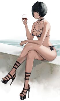 1girl alcohol atlus bikini black_bikini black_choker black_footwear black_hair breasts choker cleavage commentary_request crossed_legs cup drinking_glass from_side full_body high_heels highres holding holding_cup j@ck jewelry lips looking_ahead medium_breasts nail_polish necklace persona persona_5 poolside red_eyes red_nails sega short_hair side-tie_bikini_bottom sitting skindentation swimsuit takemi_tae wine wine_glass