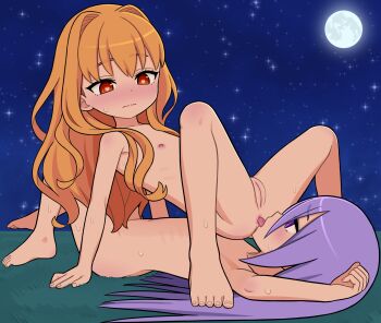 2girls ami_(ammy33) anilingus anus blush body_bridge cleft_of_venus completely_nude etrian_odyssey flat_chest full_moon heart heart-shaped_pupils heart_in_eye highres kodomo_doushi loli long_hair lying moon multiple_girls night nipples nose_blush nude on_back orange_hair outdoors purple_eyes purple_hair pussy sekaiju_no_meikyuu sekaiju_no_meikyuu_3 sky star_(sky) starry_sky sweat symbol-shaped_pupils symbol_in_eye uncensored wavy_mouth yuri zodiac_(sekaiju) zodiac_2_(sekaiju) zodiac_4_(sekaiju)