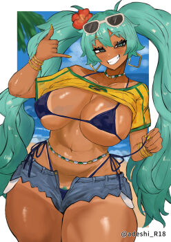 adeshi_(adeshi0693119) aqua_eyes aqua_hair beach bead_belt bead_choker beads bikini bikini_bottom_pull bikini_under_clothes blue_bikini blue_shorts blush bracelet brazilian_flag brazilian_flag_print brazilian_miku breasts choker clothes_lift dark-skinned_female dark_skin denim denim_shorts earrings female_pubic_hair flag_print flower flower_on_head hair_flower hair_ornament hatsune_miku highleg highleg_bikini hoop_earrings jewelry large_breasts long_hair long_twintails navel open_mouth outdoors pubic_hair pubic_hair_peek ringed_eyes shaka_sign shirt shirt_lift short_shorts shorts side-tie_bikini_bottom smile standing sunglasses sunglasses_on_head swimsuit tan tanline thick_thighs thighs twintails twitter_username vocaloid wide_hips yellow_nails yellow_shirt