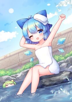2girls ;d ahoge arm_up armpits blue_bow blue_eyes blue_hair blush bow cirno cloud coa_(chroo_x) collarbone commentary_request daiyousei day detached_wings double-parted_bangs green_hair hair_bow highres ice ice_wings looking_at_viewer multiple_girls naked_towel one_eye_closed onsen open_mouth outdoors outstretched_arm short_hair sitting smile soaking_feet solo_focus touhou towel towel_on_head wings