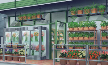 commentary day flower flower_shop highres ideun no_humans original outdoors pink_flower plant potted_plant purple_flower red_flower scenery shelf shop