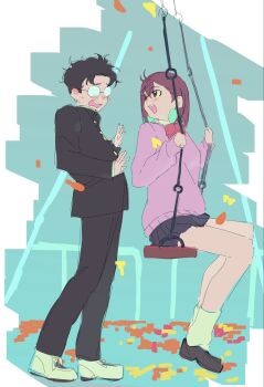 1boy 1girl 3pa_sanpa ayase_momo black_hair black_jacket black_pants blush bow bowtie breasts brown_hair brown_shoes crossed_bangs dandadan ear_blush earrings falling_leaves full_body gakuran glasses hair_between_eyes highres jacket jewelry leaf looking_at_another medium_breasts medium_hair nervous_sweating on_swing open_mouth pants parted_bangs pink_sweater pleated_skirt red_bow red_bowtie round_eyewear school_uniform shoes short_hair sketch skirt smile socks sweat sweater swing swinging_on_swing takakura_ken_(dandadan) white_shoes white_socks