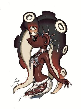 1girl aqua_eyes brown_hair cephalopod_eyes closed_mouth commentary_request cross-laced_slit dark-skinned_female dark_skin ear_piercing eyelashes highres long_hair looking_at_viewer marina_(grand_festival)_(splatoon) marina_(splatoon) nintendo octoling official_alternate_costume pants piercing red_pupils shogo_(shogo70449442) signature simple_background smile solo splatoon_(series) splatoon_3 standing tentacle_hair very_dark_skin very_long_hair white_background white_pants