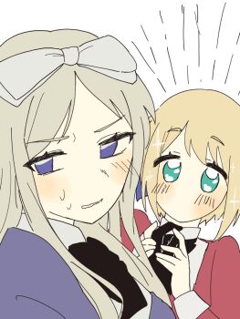 2girls aqua_eyes ascot axis_powers_hetalia belarus_(hetalia) black_ascot black_bow black_bowtie blush bow bowtie collared_shirt commentary_request dress grey_hair hair_bow hands_up juliet_sleeves liechtenstein_(hetalia) long_hair long_sleeves looking_afar looking_at_another multiple_girls no_mouth notice_lines pinafore_dress puffy_sleeves purple_dress purple_eyes red_dress shirt sidelocks simple_background sleeveless sleeveless_dress sparkle sweatdrop teeth tsun_1238 upper_body v-shaped_eyebrows white_background white_bow white_shirt yuri