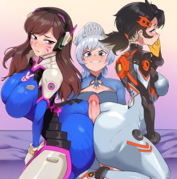 1futa 2girls absurdres ass ass-to-ass ass_press between_buttocks black_hair blue_bodysuit blue_dress blue_eyes bodysuit breasts brown_eyes brown_hair buttjob buttjob_over_clothes closed_mouth cooperative_buttjob crossover d.va_(overwatch) dress erection ffd_threesome futa_with_female futanari grey_bodysuit grey_hair group_sex highres large_breasts large_penis long_hair marvel marvel_rivals medium_breasts multiple_girls overwatch peni_parker penis rwby short_hair sitting someone_(someone199912) teamwork_(sexual) threesome uncensored weiss_schnee