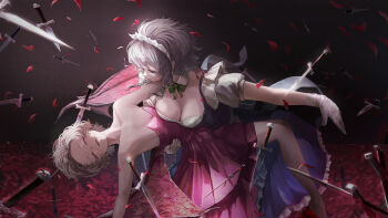 2girls absurdres apron ascot bat_wings between_fingers blue_hair bow braid breasts brooch carrying dedemaru dress falling_petals floating floating_object floating_sword floating_weapon green_bow grey_hair hat highres holding izayoi_sakuya jewelry knife maid maid_apron maid_headdress moon multiple_girls multiple_swords open_mouth petals pocket_watch princess_carry red_ascot red_eyes red_moon remilia_scarlet rose_petals short_hair sleeveless sword touhou twin_braids vampire waist_apron watch weapon wings wrist_cuffs