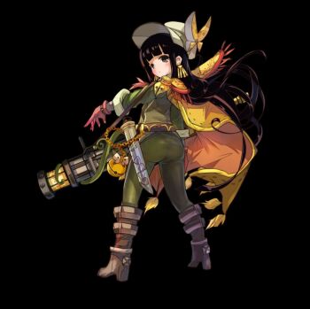 1girl ass black_background black_eyes black_hair blunt_bangs boots breasts brown_boots cloak closed_mouth earrings from_behind full_body gatling_gun gloves green_jacket green_pants green_vest gun hat highres holding holding_gun holding_weapon jacket jewelry long_hair looking_at_viewer looking_back merc_storia merc_storia_art_team official_art orange_clouds pants raiffine_(merc_storia) red_gloves simple_background sleeves_rolled_up small_breasts solo standing tachi-e tareme two-sided_cloak two-sided_fabric vest weapon white_hat yellow_cloak