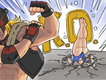 1boy 1girl :&lt; abs alex_(street_fighter) alternate_costume ass back bare_legs bare_shoulders blue_one-piece_swimsuit brown_hair capcom chun-li curvy defeat emphasis_lines fingerless_gloves gloves hair_bun highleg highleg_one-piece_swimsuit highres huge_ass jewelry k.o. legs_together looking_ahead official_alternate_costume one-piece_swimsuit outdoors pun shiny_skin simple_background skindentation standing street_fighter street_fighter_6 swimsuit thong_one-piece_swimsuit wallace_pires wide_hips