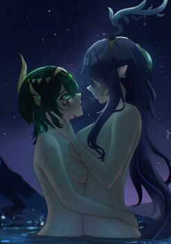 2girls aauugghh_garrison absurdres antlers breast_press breasts commentary completely_nude english_commentary facial_mark genshin_impact green_eyes green_hair hand_on_another&#039;s_face hand_on_another&#039;s_waist highres horns large_breasts lauma_(genshin_impact) long_hair medium_hair multiple_girls nefer_(genshin_impact) night nude outdoors partially_submerged pointy_ears purple_hair sky star_(sky) starry_sky water yuri