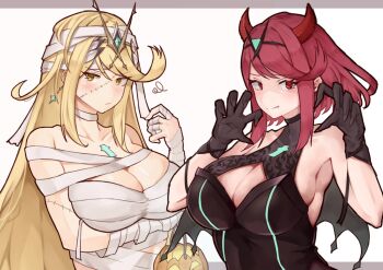 2girls absurdres bandages bare_shoulders black_dress blonde_hair blush border breasts brown_border chest_jewel claw_pose cleavage cleavage_cutout clothing_cutout core_crystal_(xenoblade) demon_girl demon_horns dress earrings fang highres horns jewelry large_breasts long_hair multiple_girls mummy_costume mythra_(xenoblade) pyra_(xenoblade) red_eyes red_hair scar scar_across_eye scar_on_face short_hair simple_background tiara upper_body white_background xenoblade_chronicles_(series) xenoblade_chronicles_2 yellow_eyes yotsuha_uni
