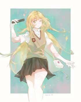 1girl absurdres aqua_background arm_up bag black_skirt blonde_hair border brown_sweater_vest closed_mouth collared_shirt commentary controller english_commentary facing_viewer gensou_getsumen_rt gloves handbag highres holding holding_controller holding_remote_control long_hair looking_at_viewer one_eye_closed outside_border remote_control school_uniform shirt shokuhou_misaki short_sleeves simple_background skirt solo spider_web_print summer_uniform sweater_vest thighhighs toaru_kagaku_no_railgun toaru_majutsu_no_index tokiwadai_school_uniform very_long_hair white_bag white_border white_gloves white_shirt white_thighhighs yellow_eyes