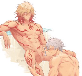2boys absurdres arm_tattoo back blonde_hair blonde_pubic_hair blush braid chest_tattoo clitoris closed_eyes closed_mouth commentary cuntboy cuntboy_with_male facial_tattoo gradient_background grey_hair highres holding holding_razor honkai:_star_rail honkai_(series) leg_tattoo looking_at_another male_focus multicolored_hair multiple_boys mydei_(honkai:_star_rail) navel nipples orange_hair pectorals phainon_(honkai:_star_rail) pubic_hair pubic_tattoo pussy razor rd11011 red_tattoo safety_razor shaving shaving_another short_hair shoulder_tattoo side_braid single_braid sitting spread_legs tattoo toned toned_male trembling twitter_username two-tone_hair wet