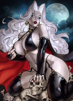1girl akira_raikou black_bra black_cape black_panties blank_eyes boots bra breasts cape cleavage colored_skin earrings highres holding holding_skull jewelry lady_death lady_death_(character) large_breasts long_hair looking_at_viewer makeup navel panties pile_of_skulls pinup_(style) red_cape red_lips red_nails skull skull_earrings solo undead underwear white_eyes white_hair white_skin