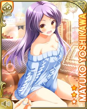 1girl bare_shoulders barefoot blue_sweater bottomless card character_name couch day closed_eyes girlfriend_(kari) grey_hair indoors kneeling living_room long_hair open_mouth panicking pulling qp:flapper shy solo sweater tagme thread yellow_eyes yoshikawa_mayuko