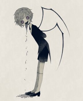 1other @_@ androgynous arms_behind_back arthropod_limbs ascot body_horror buttons collared_shirt commentary dripping eleanor_(ohmyeleanor) english_commentary eyelashes formal_clothes highres horror_(theme) liquid looking_to_the_side open_mouth original purple_eyes shirt short_hair shorts smile socks solo spot_color suit teeth vomit white_background