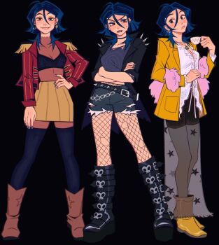 Rule 34 | 1girl, black background, blue hair, blue nails, boots, breasts, brown eyes, cleavage, commentary, coraline, coraline (movie), coraline jones, crossed arms, cup, dragonfly earrings, earrings, epaulettes, eyeshadow, face piercing, fishnet pantyhose, fishnets, freckles, hair between eyes, hand on own hip, highres, holding, holding cup, jewelry, kitt arts, lip piercing, makeup, necklace, pantyhose, piercing, purple eyeshadow, shorts, skirt, smile, solo, spiked belt, spiked jacket, star (symbol), star earrings, teacup, torn clothes, torn pantyhose, torn shorts, untranslatable commentary