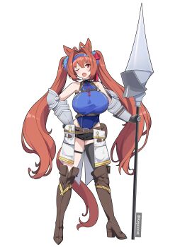 1girl absurdres animal_ears arm_guards armpits bare_shoulders blush boots bow breasts brown_hair daiwa_scarlet_(umamusume) fang framed_breasts hair_between_eyes hair_intakes highres holding holding_polearm holding_weapon horse_ears horse_girl horse_tail keycccat knee_boots knight large_breasts long_hair looking_at_viewer open_mouth polearm red_eyes shorts skin_fang solo tail tiara twintails umamusume very_long_hair weapon