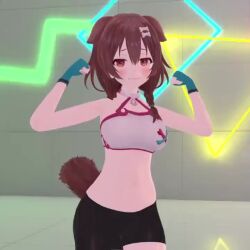 1girl 3d animal_ears animated bike_shorts blush bone_hair_ornament bouncing_breasts braid breasts brown_eyes brown_hair dancing dog_ears dog_girl dog_tail fingerless_gloves flexing gloves hair_ornament hololive inugami_korone large_breasts long_hair music navel shorts smile solo sound spandex sports_bra stomach tagme tail thick_thighs thighs video virtual_youtuber vrchat yogurt_cap