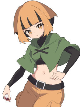 1girl :o belt belt_buckle black_belt black_hair black_shirt buckle capelet cropped_shirt gardenia_(pokemon) green_capelet hiyoshipow holding holding_poke_ball long_sleeves midriff multicolored_hair navel nintendo open_mouth orange_eyes orange_hair poke_ball poke_ball_(basic) pokemon pokemon_dppt shirt short_hair shorts solo two-tone_hair white_background