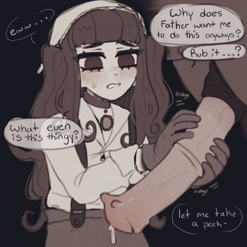 1girl animal animal_penis bestiality blue_background blunt_bangs brown_choker brown_eyes brown_gloves brown_hair brown_skirt choker collared_shirt cum disgust english_text gloves hairband handjob horse horse_penis jewelry lolita_hairband long_hair motion_lines necklace nokota_(roseary) original penis roseary shirt skirt speech_bubble suspender_skirt suspenders sweat teeth twintails white_hairband white_shirt