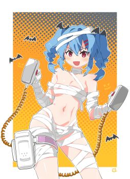 1girl absurdres alternate_costume bandaged_arm bandaged_head bandaged_leg bandaged_neck bandaged_torso bandages bare_shoulders bat_hair_ornament black_background blue_hair blush breasts colphne_(girls&#039;_frontline_2) commentary cowboy_shot defibrillator girls&#039;_frontline girls&#039;_frontline_2:_exilium hair_ornament hairclip hands_up highres holding looking_at_viewer miharu_(cgsky) mummy_costume navel open_mouth orange_background short_twintails simple_background simple_bat small_breasts smile solo stomach symbol-only_commentary twintails white_background