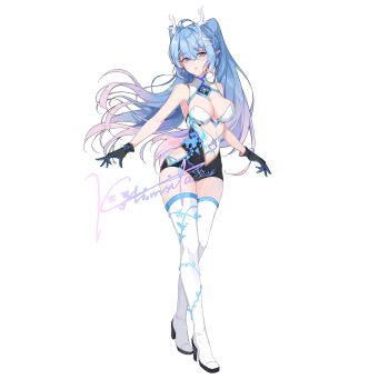 1girl absurdres ahoge bare_arms black_dress black_gloves blue_eyes blue_hair boots breasts cleavage commentary_request crossed_bangs dragon_girl dragon_horns dress earrings full_body gloves gradient_hair hair_between_eyes hair_ornament hairclip high_heel_boots high_heels highres horns jewelry kolimiya large_breasts long_hair looking_at_viewer mismatched_earrings multicolored_hair original parallel_hairclips parted_lips signature simple_background sleeveless sleeveless_dress solo standing thigh_boots twintails two-tone_dress white_background white_boots white_dress