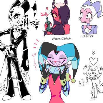 1girl 3boys :d ^_^ bare_shoulders black_eyes black_hair black_horns black_shirt blitzo_(helluva_boss) blue_hat boots bottle bow bowtie breasts buttons character_name closed_eyes closed_mouth coat colored_skin commentary_request cropped_shoulders demon_boy demon_girl demon_horns demon_tail facing_viewer fewer_digits fizzarolli_(helluva_boss) forked_tongue full_body grin hair_over_one_eye hand_on_own_hip hand_up hands_up hat hat_bell heart heart_arms hellaverse helluva_boss high_contrast holding holding_bottle horns jester jester_cap knee_boots long_hair long_sleeves looking_at_viewer menma_(enaic31) moxxie_(helluva_boss) multicolored_hair multicolored_horns multiple_boys neck_ruff notice_lines one_eye_covered open_mouth pants red_bow red_bowtie red_shirt red_skin roots_(hair) sallie_may_(helluva_boss) scar scar_across_eye scar_across_eyes scar_on_face sharp_teeth shirt short_hair simple_background sleeveless sleeveless_shirt sleeveless_turtleneck small_breasts smile striped_horns tail teeth tongue tongue_out traditional_bowtie translation_request turtleneck turtleneck_shirt twitter_username two-tone_hair two-tone_horns upper_body v-shaped_eyebrows very_short_hair white_background white_hair white_horns white_skin