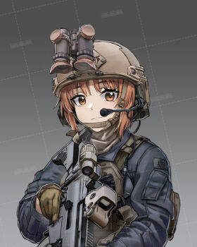 1girl binoculars brown_eyes brown_hair emblem girls_und_panzer gloves gradient_background green_gloves grey_background gun headset heckler_&amp;_koch helmet highres holding holding_weapon huihuang_rongyao looking_at_viewer military_combat_uniform military_uniform nishizumi_miho ooarai_(emblem) simple_background solo solo_focus tactical_clothes weapon