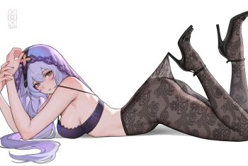 1girl black_bra black_pantyhose black_shoes black_swan_(honkai:_star_rail) bra breasts fishnet_pantyhose fishnets high_heels highres honkai:_star_rail honkai_(series) large_breasts long_hair looking_at_viewer lying on_stomach pantyhose pantyhose_tug parted_lips purple_hair purple_veil quilm shoes simple_background solo the_pose underwear veil white_background