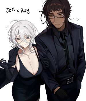 Rule 34 | 1boy, 1girl, black dress, black eyes, black gloves, black jacket, black necktie, black pants, black shirt, black suit, breasts, brown hair, cigarette, cleavage, collared shirt, dress, formal clothes, glasses, gloves, highres, holding, holding another's arm, holding cigarette, jacket, jacket on shoulders, jericho (wabuwabu 05), large breasts, necktie, original, pants, scar, scar across eye, scar on face, shirt, simple background, smile, suit, wabuwabu 05, white hair