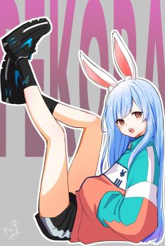 1girl animal_ear_fluff animal_ears black_shoes black_shorts black_socks blue_hair blue_jacket brown_eyes brown_jacket character_name commentary_request from_side full_body grey_background hand_in_pocket highres holding hololive jacket kiritoma long_hair looking_at_viewer looking_to_the_side open_mouth outline rabbit-shaped_pupils rabbit_ears shoes short_eyebrows short_shorts shorts signature simple_background socks solo symbol-shaped_pupils text_background thick_eyebrows thighs usada_pekora very_long_hair virtual_youtuber white_outline