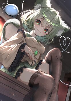1girl :3 absurdres animal_ear_fluff animal_ears blurry bow breasts buttons cat_ears cat_girl cat_tail commentary_request depth_of_field desk dfra diamond_button eyeball fang floral_print frilled_shirt_collar frilled_sleeves frills green_eyes green_hair green_skirt heart heart-shaped_pupils heart_of_string highres indoors knee_up komeiji_koishi lamp light_particles looking_at_viewer on_desk paw_pose rose_print shirt short_hair sitting skin_fang skindentation skirt smile solo symbol-shaped_pupils tail thighhighs third_eye touhou wide_sleeves yellow_bow yellow_shirt